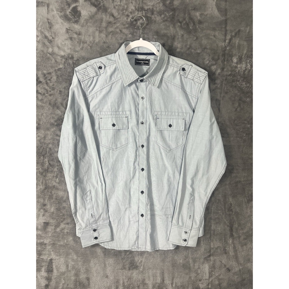 Sovereign Code Mens Blue White Striped Button Down Shirt Military Epaulettes L